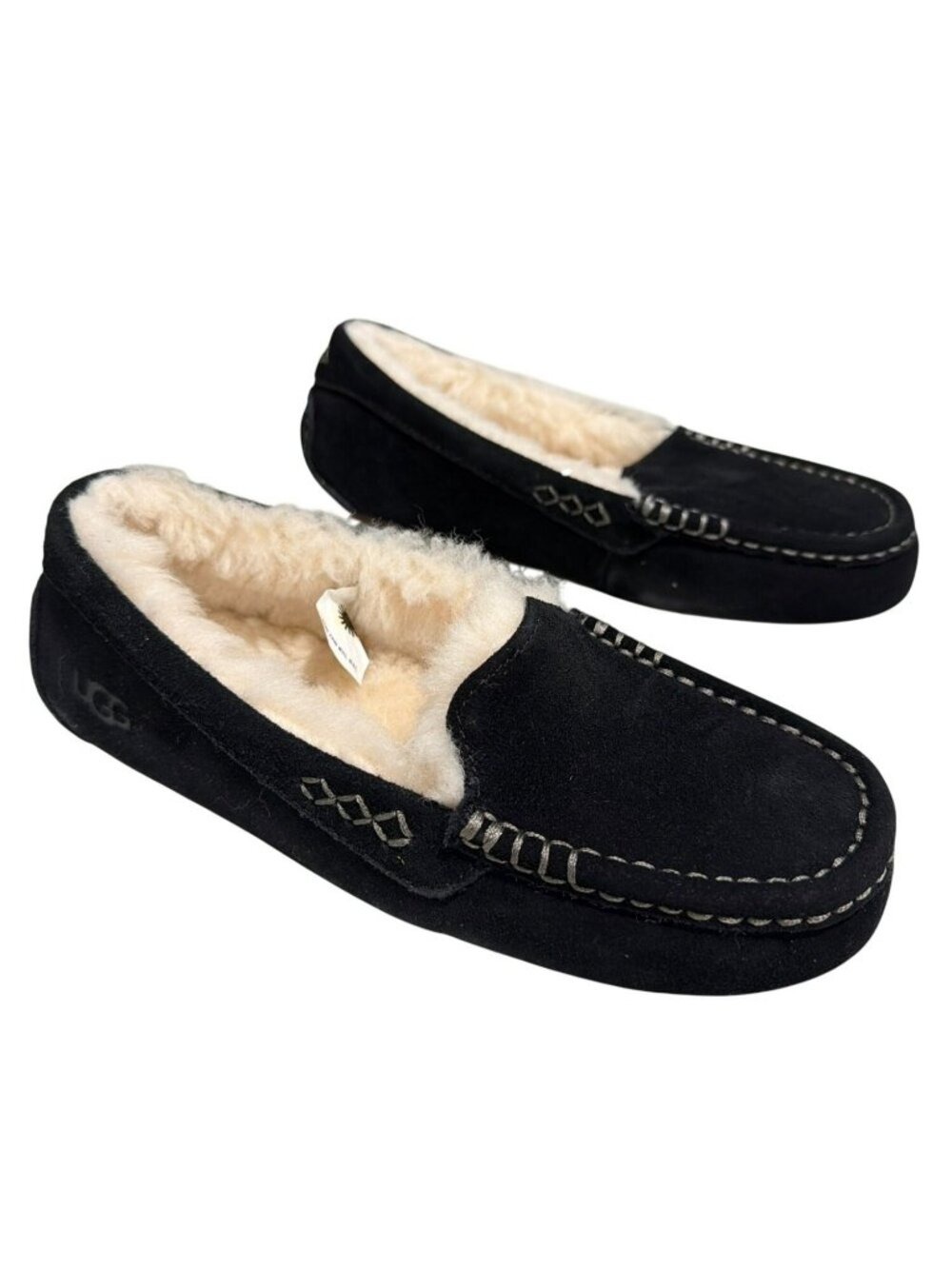 UGG Womens Ansley Black Suede Moccasin Slippers Size 5 Sheepskin New